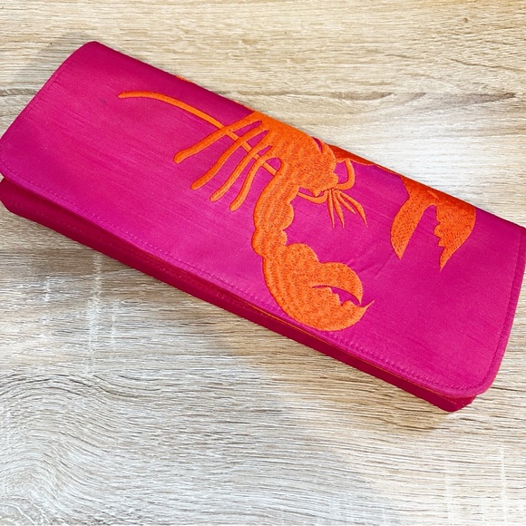 Shiraleah Handbags - SHIRALEAH Silk Lobster Langoustine Small Clutch Purse Pink Orange Embroidered